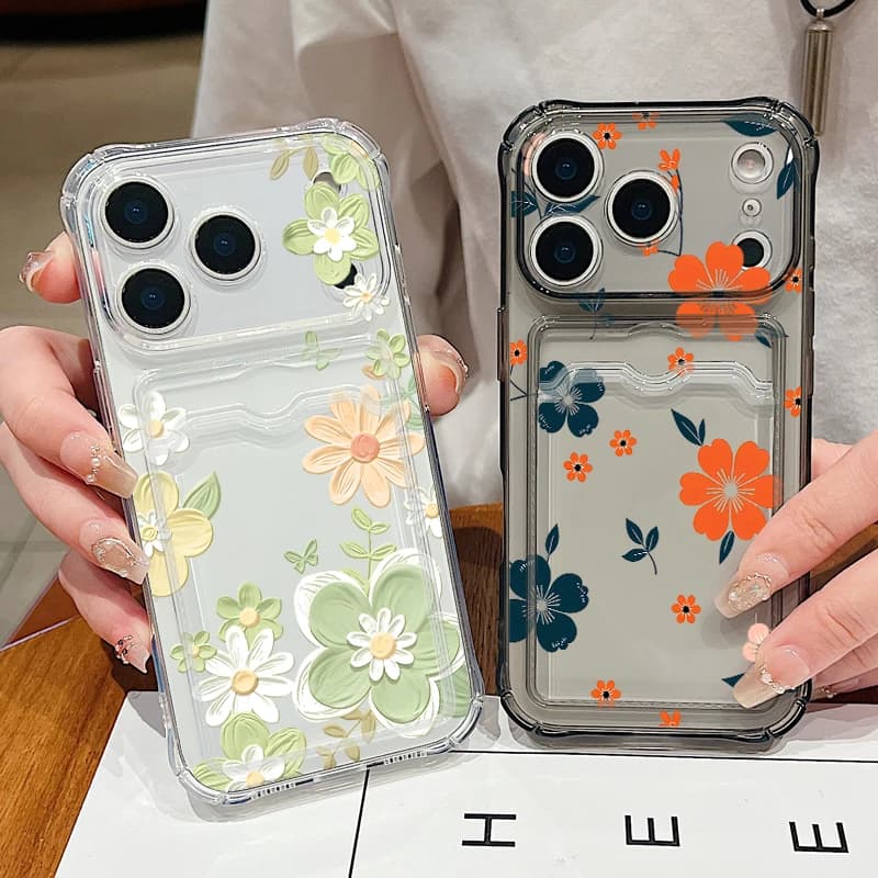 Card Bag Pocket Clear Phone Case For iPhone 17e 17 Pro Max 16 15 14 13 Pro Max 16e 11 Cartoon Flower Pattern Soft Silicone Cover