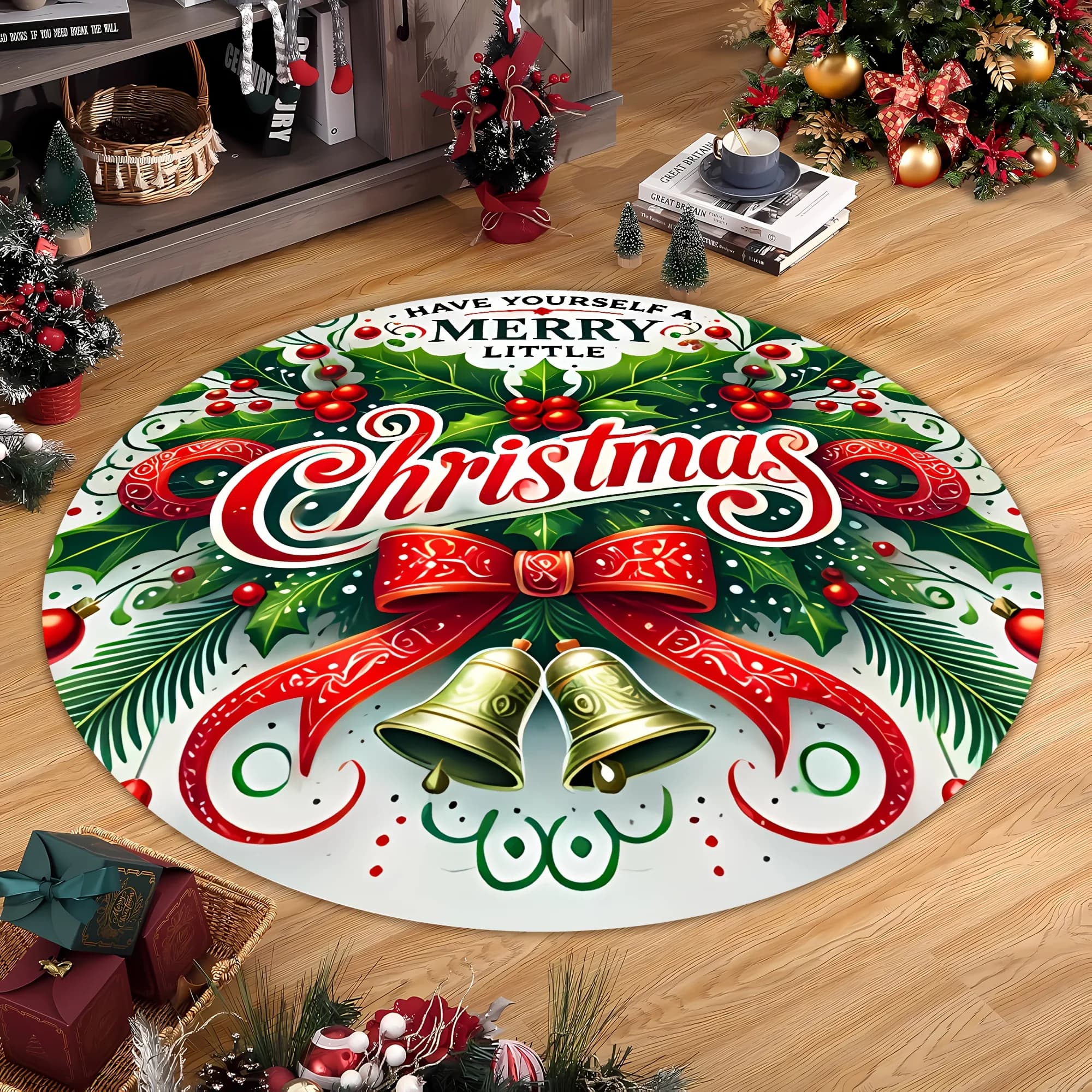 Tappeto rotondo natalizio con bacche di agrifoglio, tappetino per interni ed esterni per soggiorno, bagno, camera da letto, arredamento per cucina, dormitorio, regalo di Natale