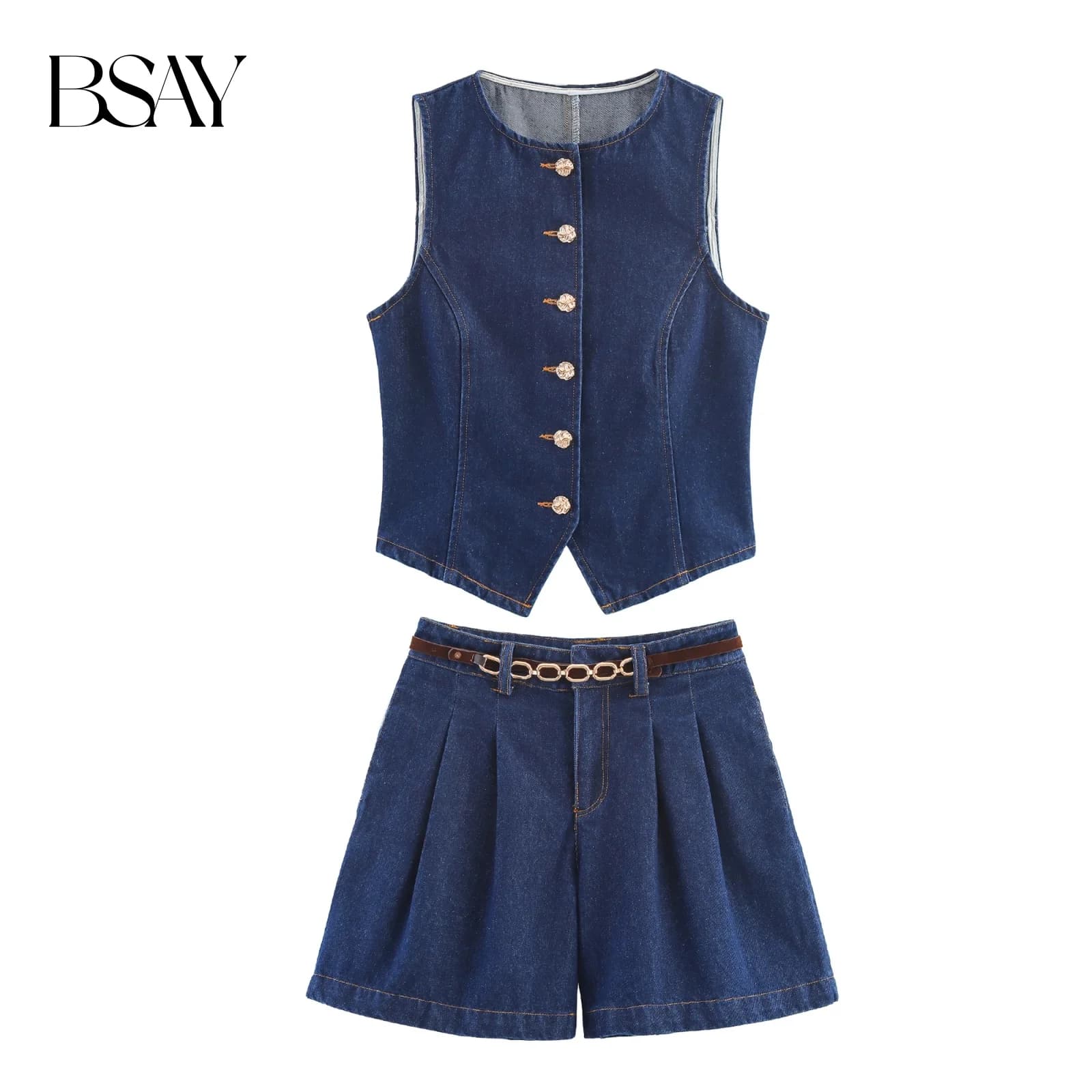 BSAY Fashion and Leisure 2025 New summer product Denim sleeveless cotton canopy with golden buttons or shorts with bent belt