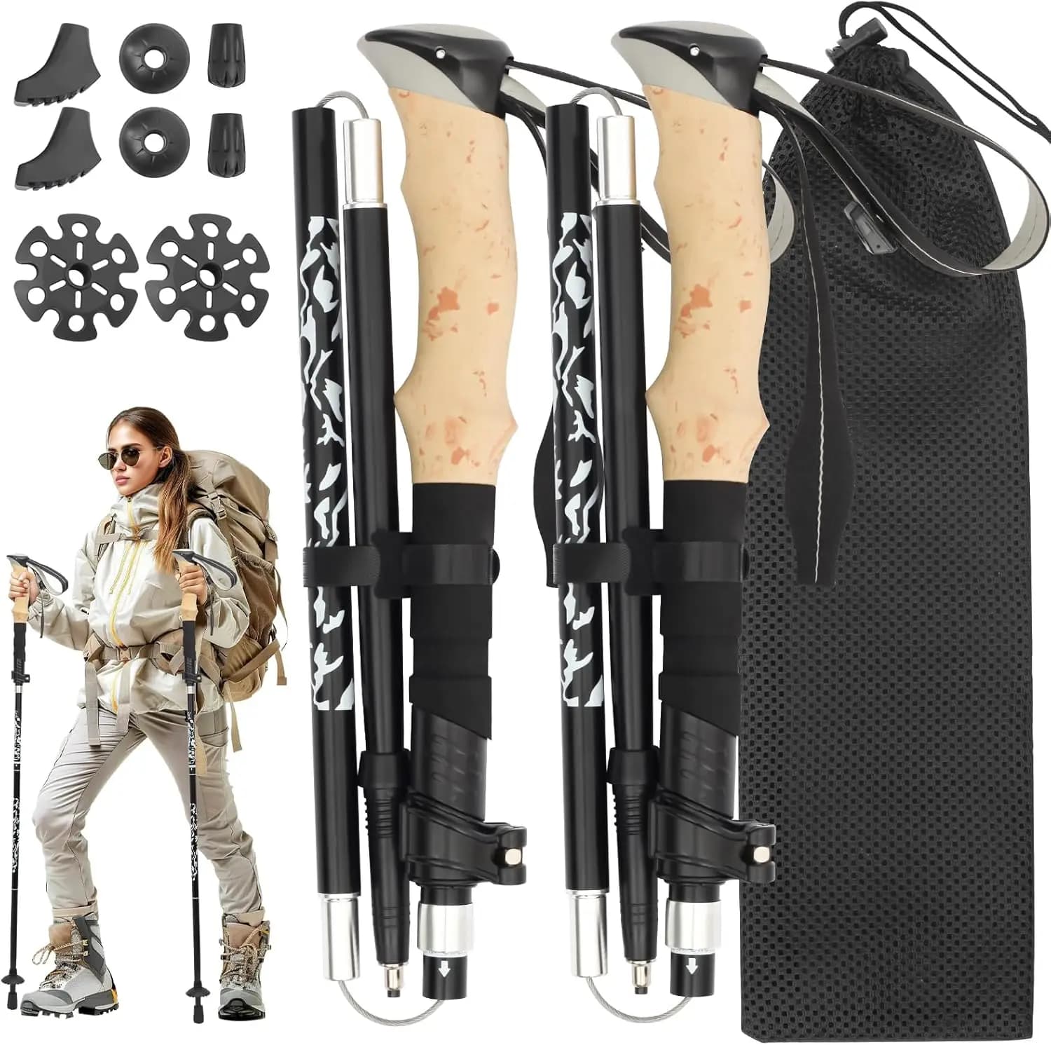 Foldable trekking poles, lightweight and adjustable trekking poles with EVA handle, set of 2