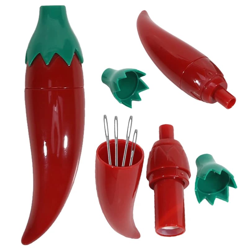 Red chili shaped needle holder, cute plastic needle box, sewing and handicraft organizer, for small needles, for everyday use.