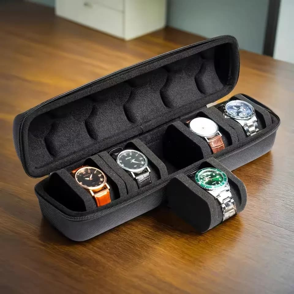 Custodia per orologi a 5 scomparti (1 pezzo) | Organizer da viaggio rigido con inserto per cuscino - Pronto per il regalo (Nero), adatto per la conservazione di smartwatch