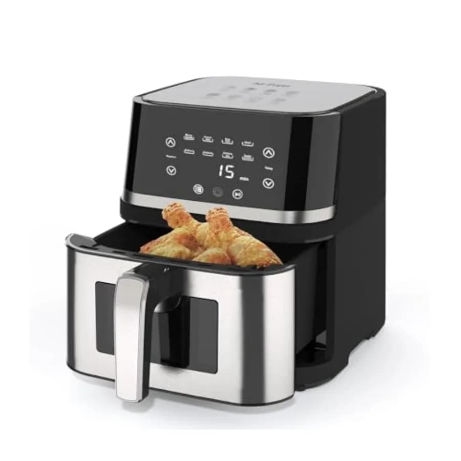 Friggitrice ad Aria Digitale in Acciaio Inox da 8Qt con Finestra per Uso in Cucina, Cestello Antiaderente, Display Touchscreen Nero, Senza PFAS, 400F