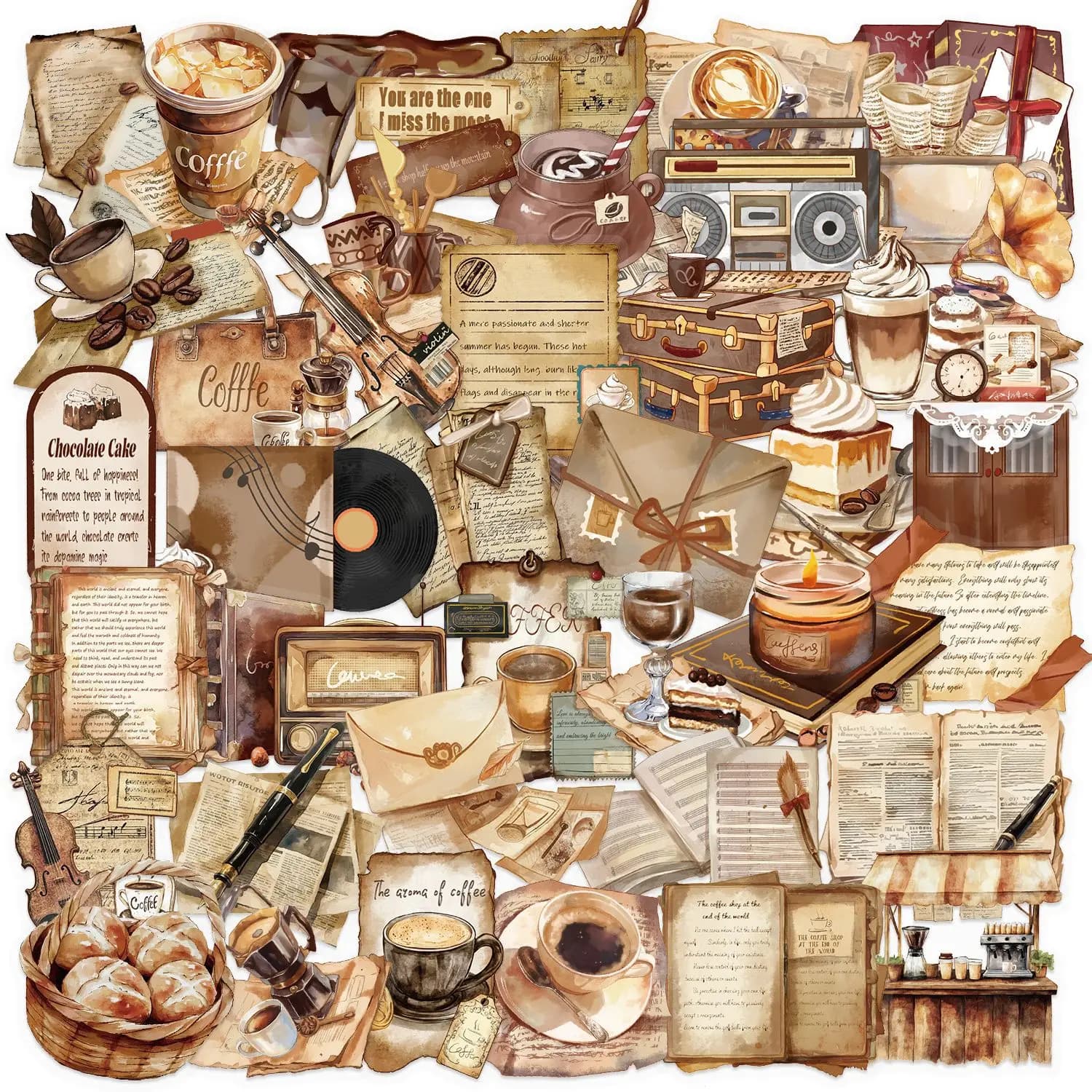 Confezione di adesivi trasparenti per caffè retrò da 50/100 pezzi Adesivi decorativi per cancelleria per notebook per chitarra in PET trasparente impermeabile