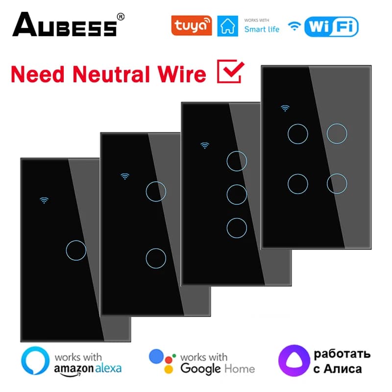 Aubess WiFi US Smart Switch need neutral wire 1/2/3/4 Gang Light Switch Tuya Smart Life APP Alexa control support Google Home