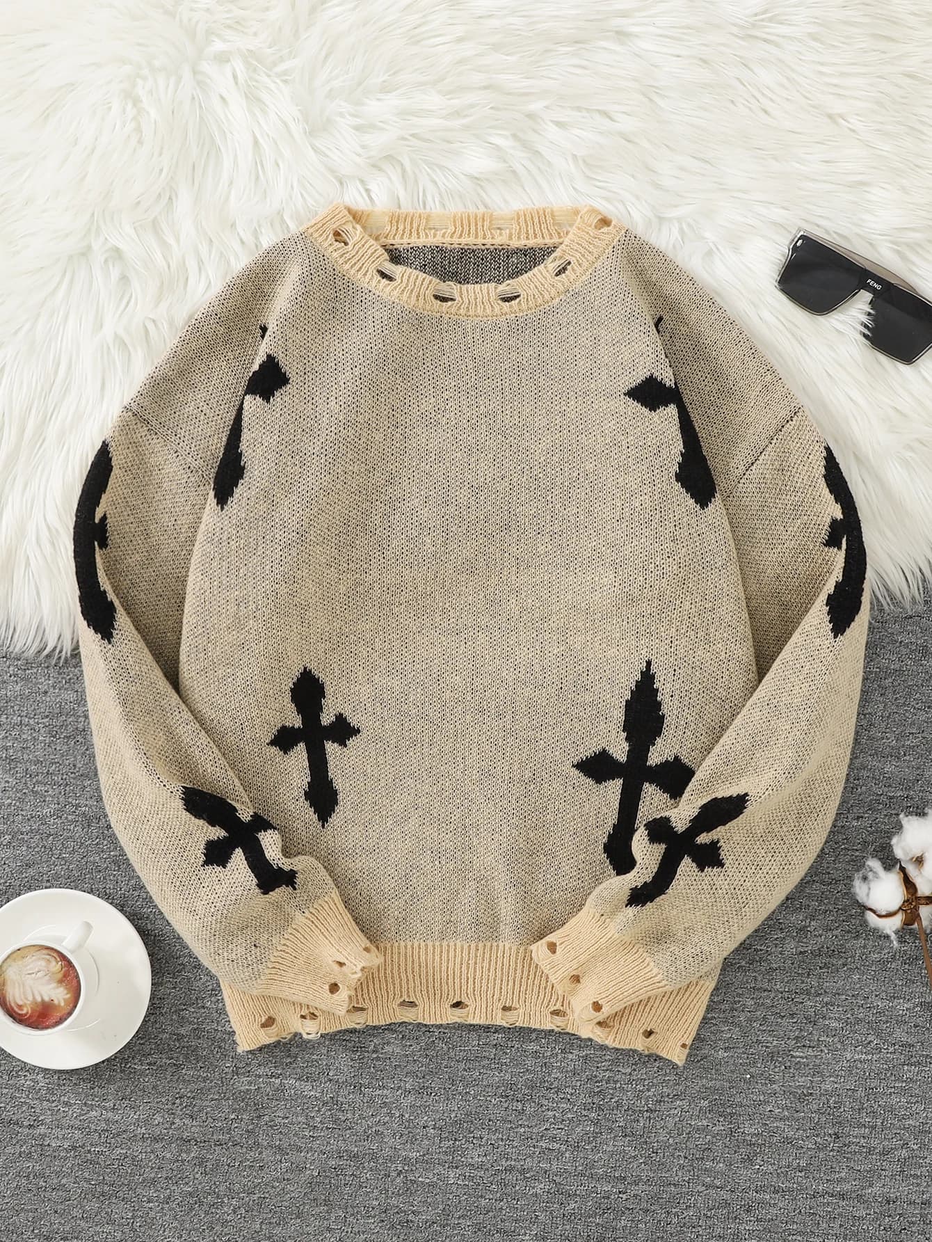 Pullover da uomo alla moda con motivo incrociato strappato stile street, maglione strappato, girocollo casual, lavorato a maglia