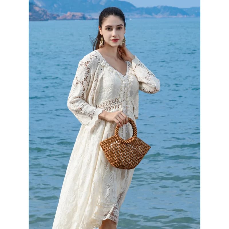 Handmade woven bag for women, large capacity wooden bead bag, beach bag for seaside vacation, casual travel handbag for women