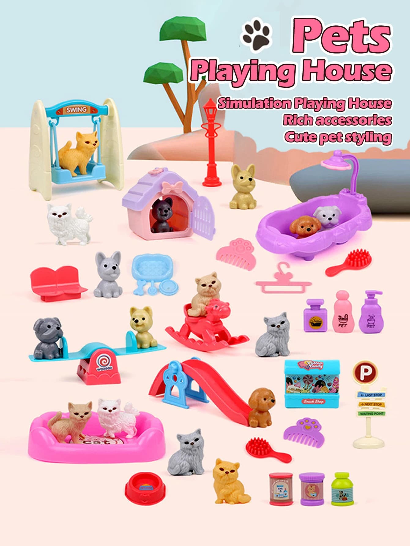 Set di accessori per mini bambole, set di giocattoli per animali domestici per casetta dei bambini, bagno per gatti e cani, parco, set di scene, regali di compleanno e Natale