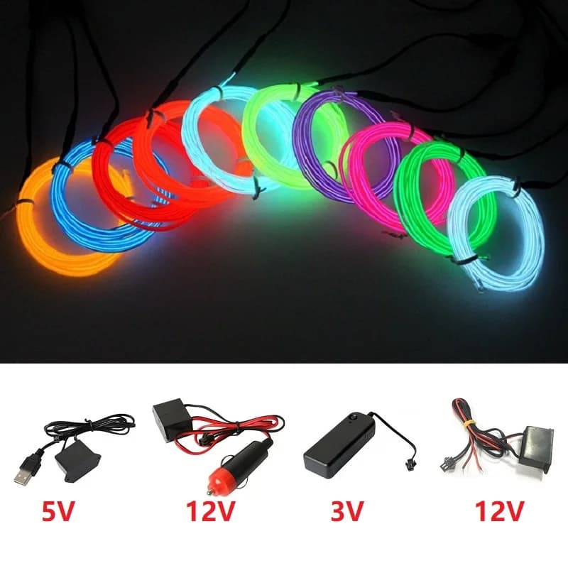 10m/5m/3m/1m 3V Batteria 5V USB 12V Neon Glow EL Cavo con Adattatore Striscia LED Flessibile per Auto Festa Danza Atmosfera Decor