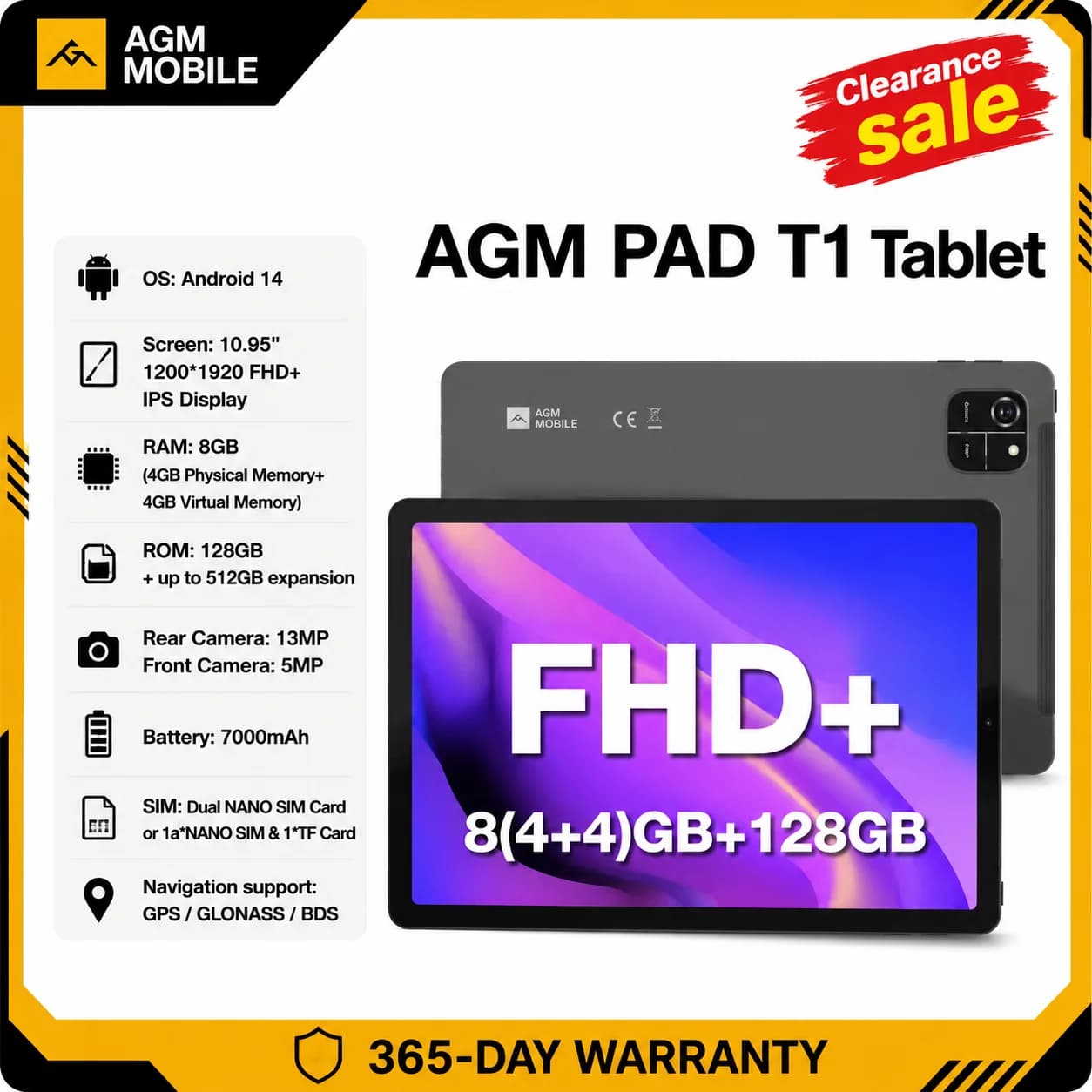 AGM PAD T1 Tablet da 10.95 pollici 1200*1920 FHD + Schermo 8(4+4) GB RAM 128 GB ROM 4G LTE Android 14 Unisoc T606 Tablet Widevine L1