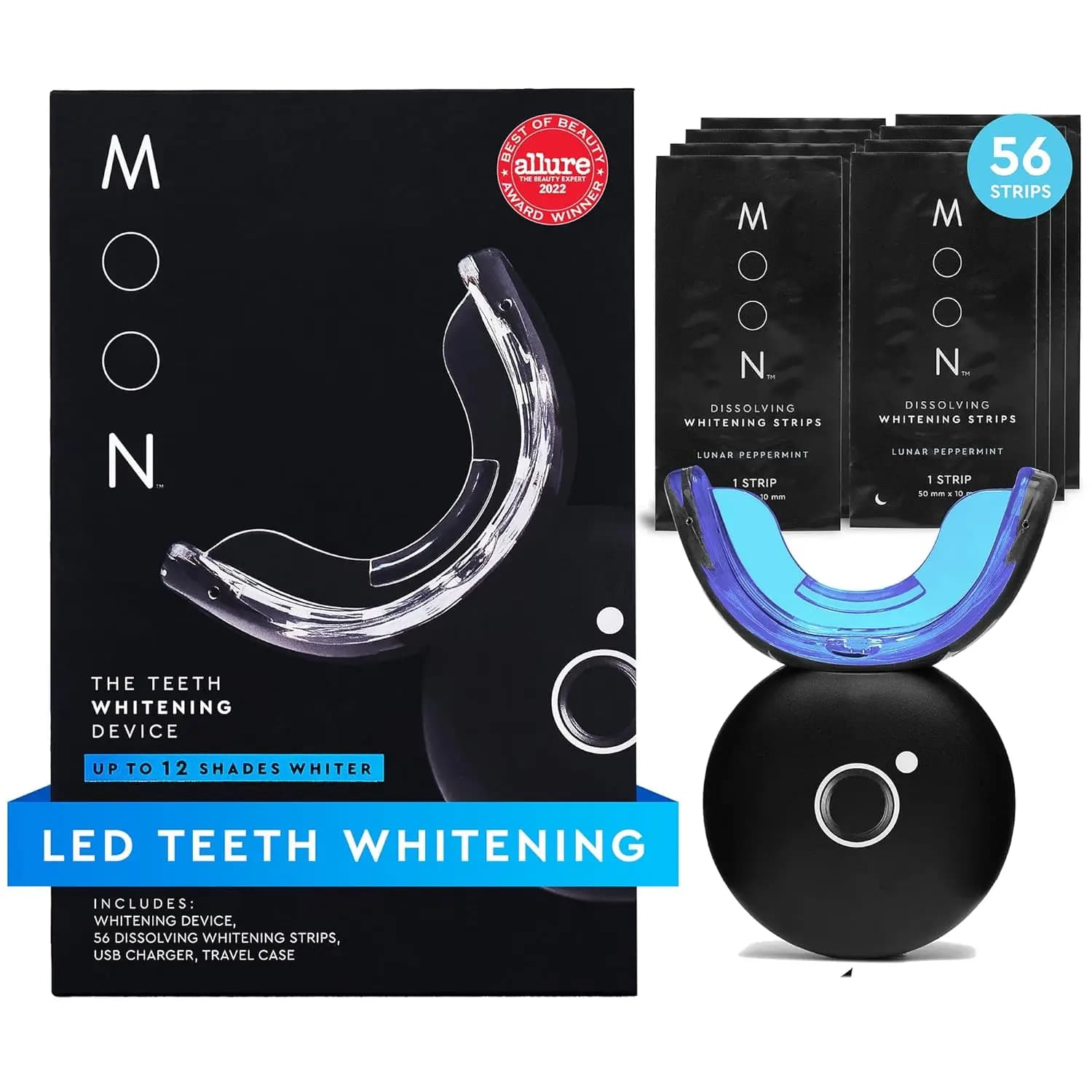 Kit sbiancante per denti a LED con 56 strisce, caricatore USB e custodia da viaggio - Fino a 12 tonalità più bianche in 2 settimane