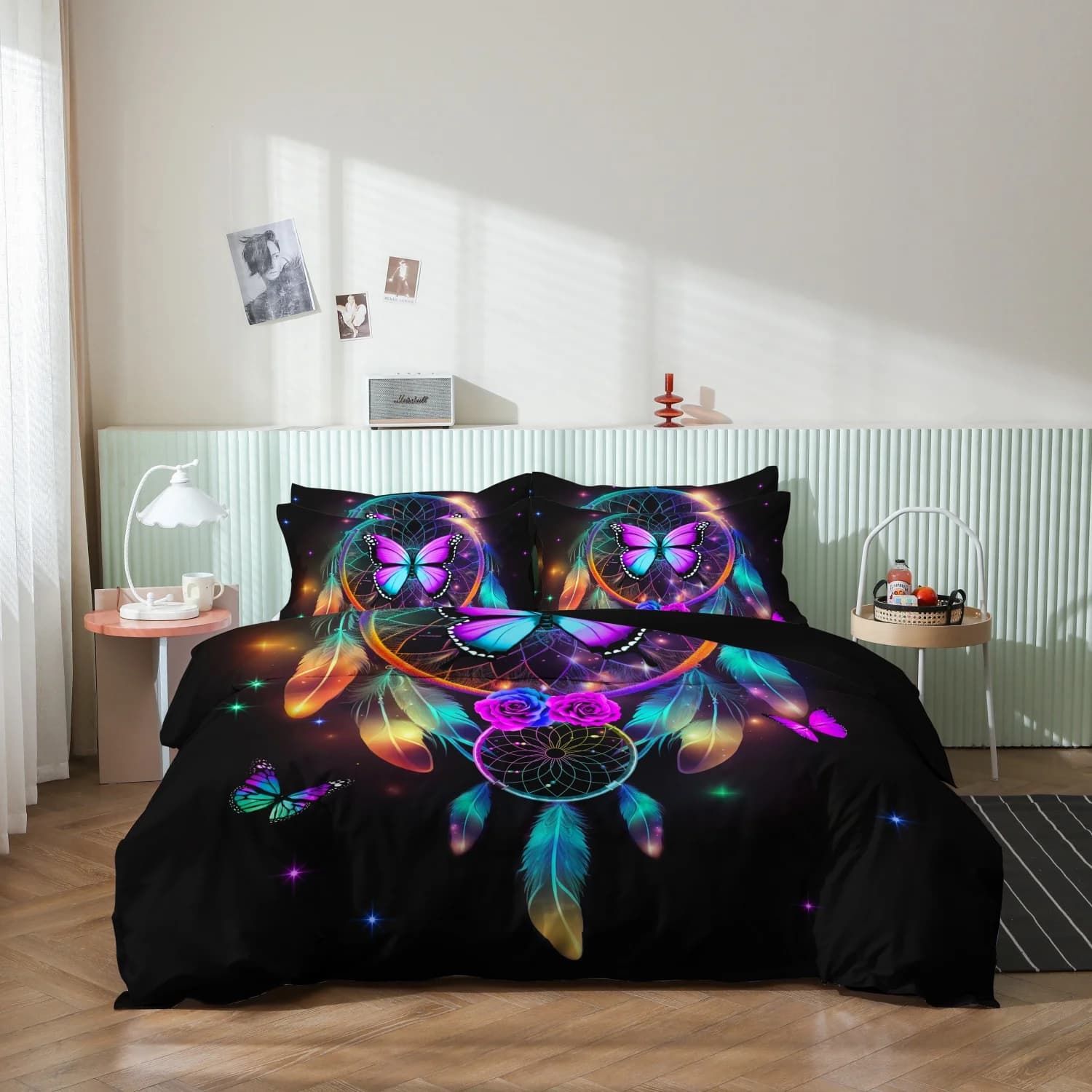 Black Rainbow Dreamcatcher Butterfly Rose Print 3 Pieces Duvet Cover Set, Bohemian Colorful Feather Starry Sky Print Bedding