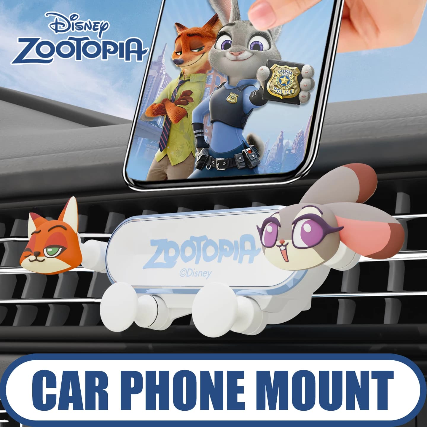 Supporto per telefono da auto Disney Zootopia Judy Nick, clip per presa d'aria, morsetto per cruscotto, supporto per cellulare, accessori interni