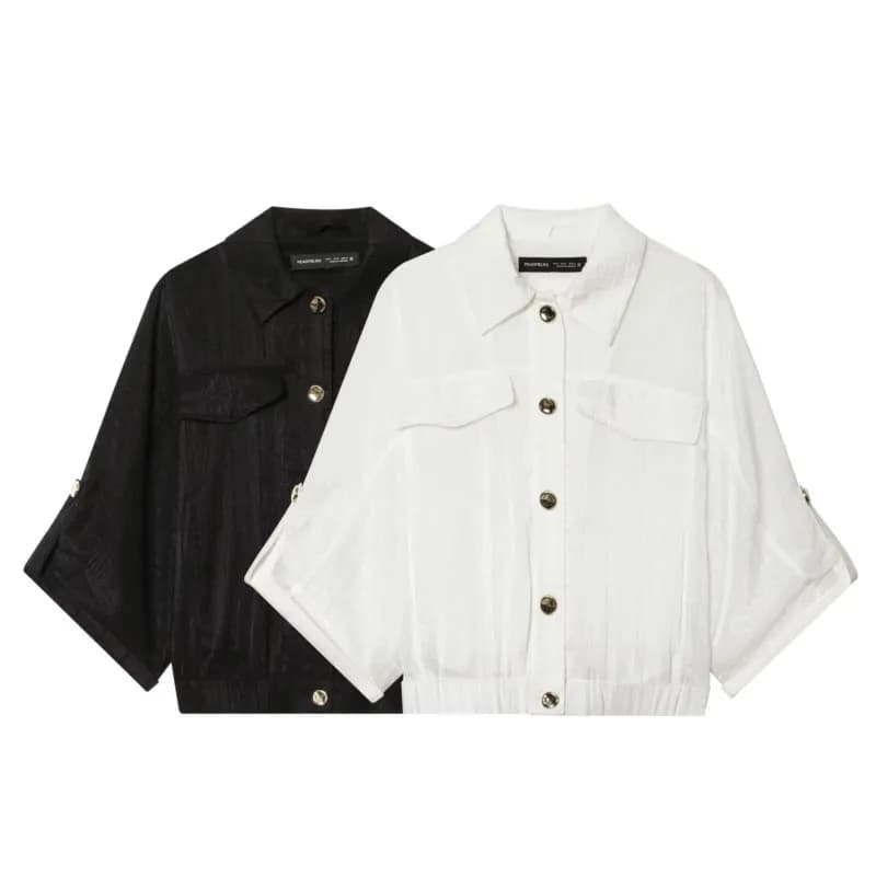 Women Rolled Up Sleeve Shirt Spring Lapel Collar Single Breasted Blouses Casual Fashion Elasticated Hem Female Hunting Style Top