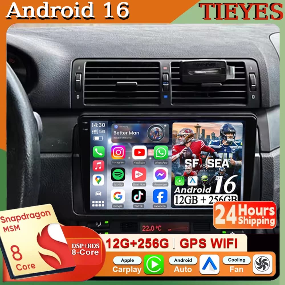 Autoradio Android 16 con Carplay e Auto, Navigatore Multimediale Stereo QLED GPS per BMW Serie 3 E46 M3 318 320 325 330 335