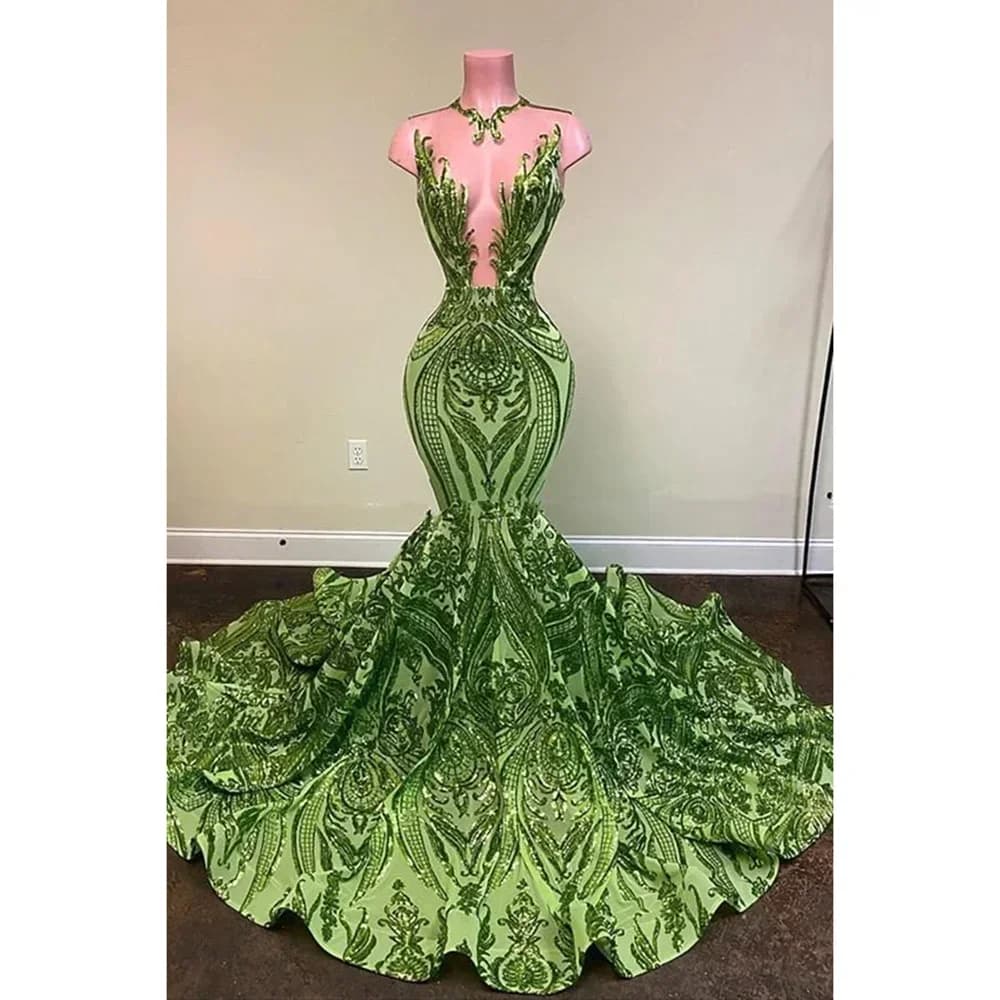 Abiti da sera per donna Eleganti applicazioni di paillettes Abiti da ballo a sirena Abiti da festa con scollo a V profondo senza maniche