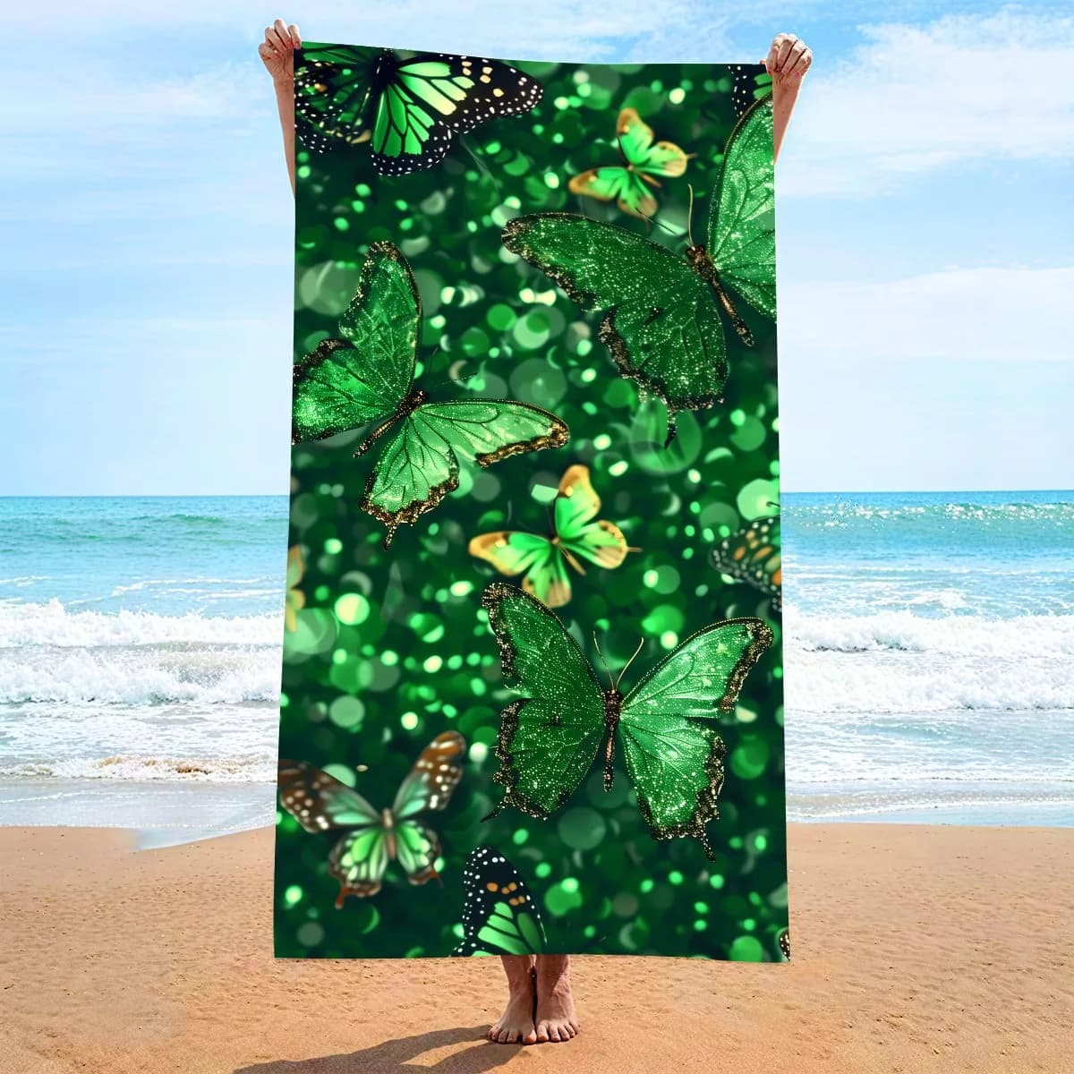 Telo Mare Verde Smeraldo con Farfalle, in Poliestere ad Asciugatura Rapida, Anti-Sabbia, con Glitter Scintillanti, per Viaggi Estivi al Mare