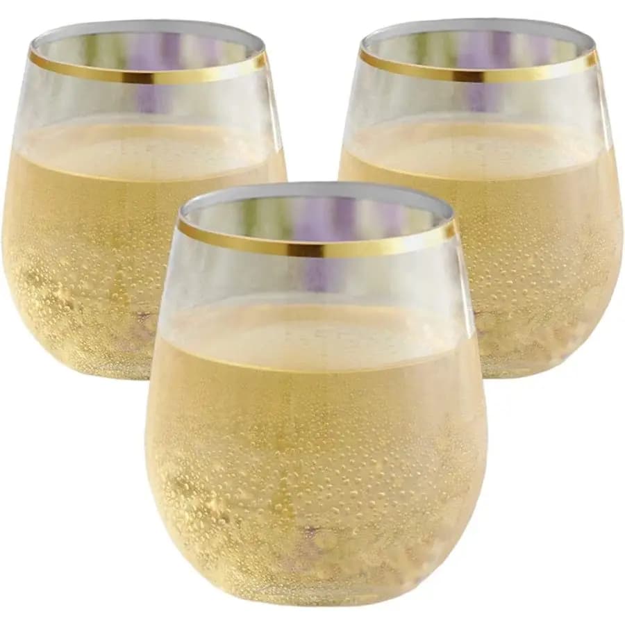 Set di 48 bicchieri da vino in plastica trasparente infrangibile senza stelo, piccoli, da 10 once, con bordo dorato