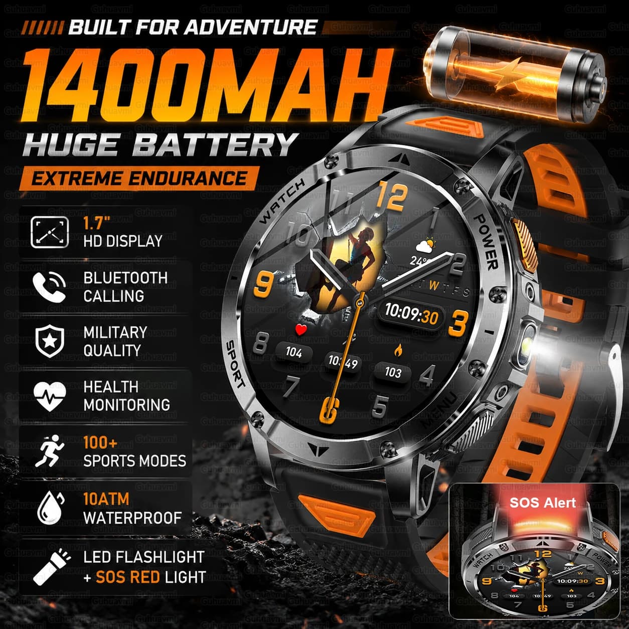1400mAh Large Battery Military Smart Watch Men 1.7"HD Bluetooth Call 10ATM Waterproof LED Flash SOS Health Monitor Sport Watches