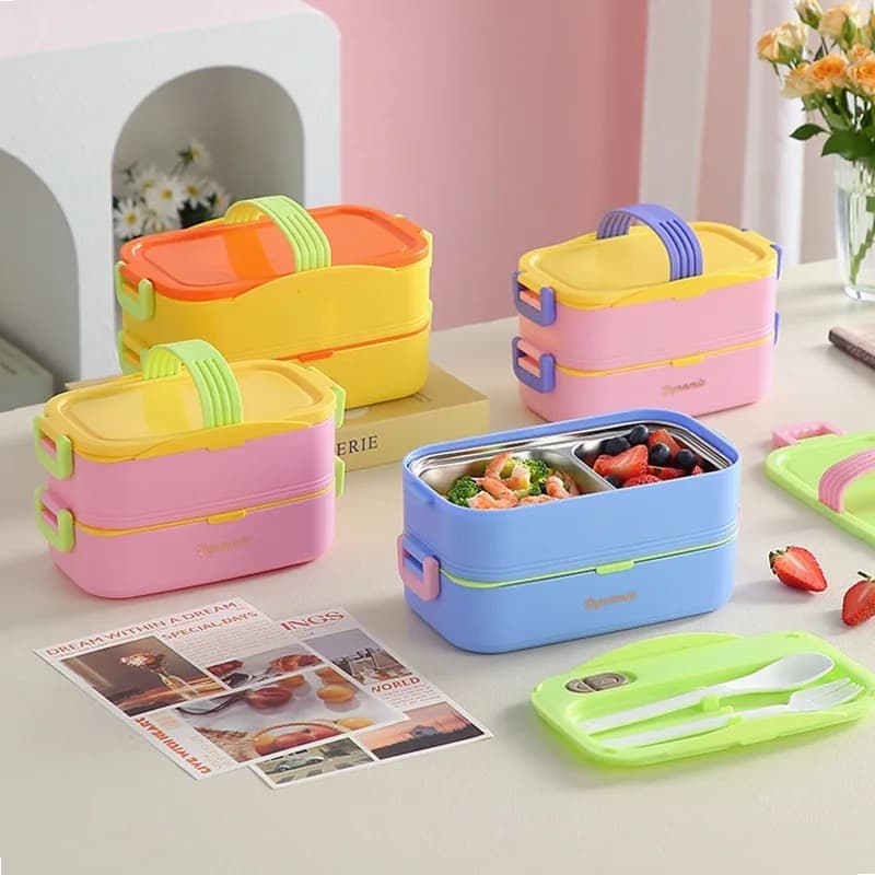 Food Grade PP Double Layer Bento Box Microwave Safe LunchBox Simplicity Portable Meal Prep Container for Students Office Workers