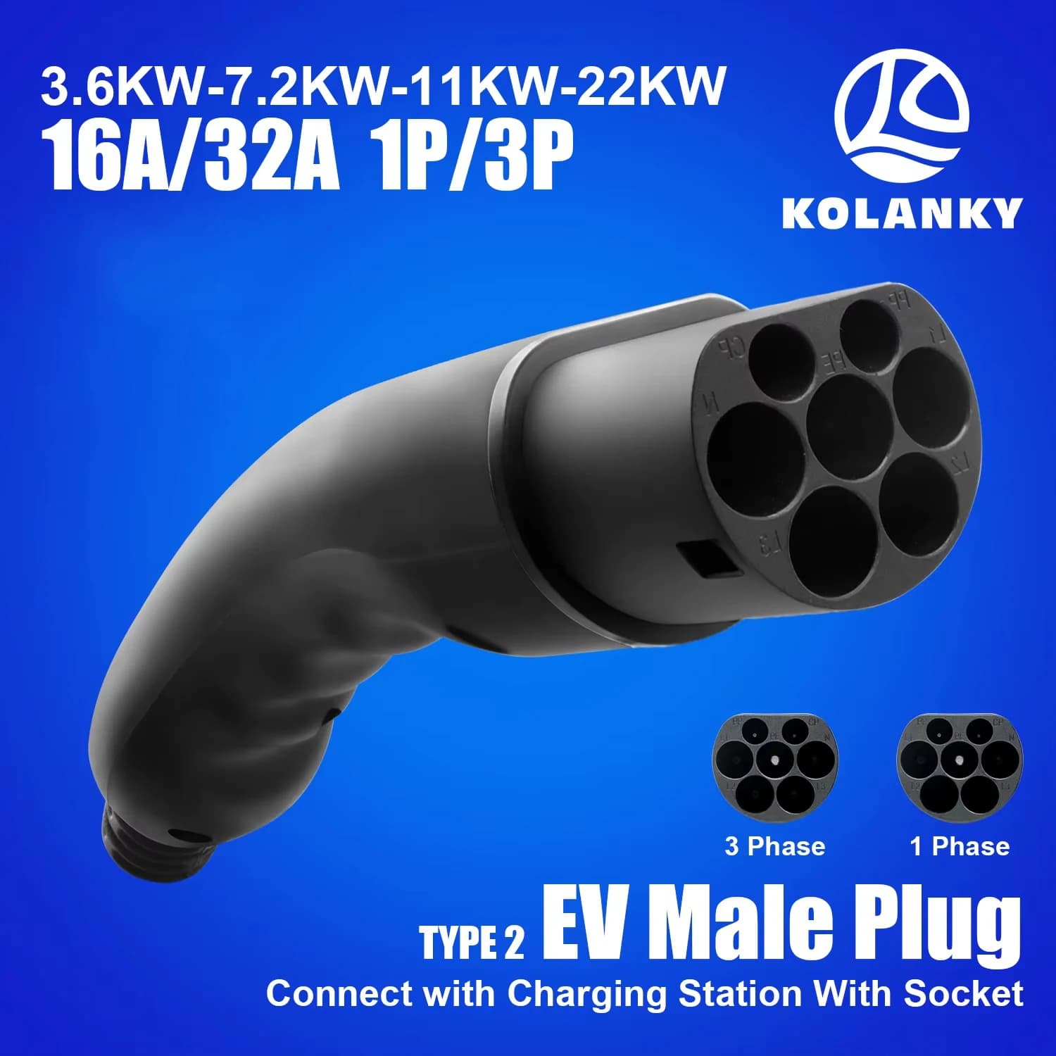 Kolanky Tipo 2 Spina EV maschio Testa pistola di ricarica 1P/3 fasi 16A/32A IEC 62196-2 Connettore caricabatterie EV Collegare alla stazione di ricarica EV