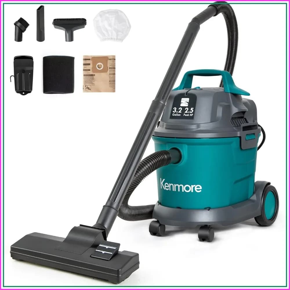 3.2 Gal Wet Dry Canister Vacuum 2.5 HP, Wall Mountable, Lightweight, Green, for Garage Car Home