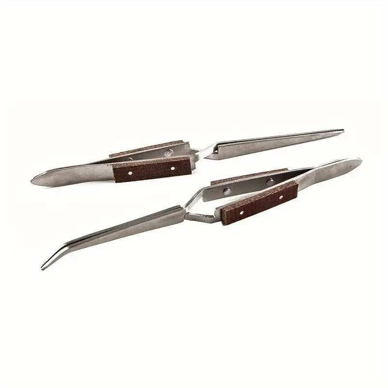2Pcs Set Stainless Steel Cross Locking Insulated Tweezer Self Closing Jewelry Soldering Craft Repair Tool Straight Elbow Tip