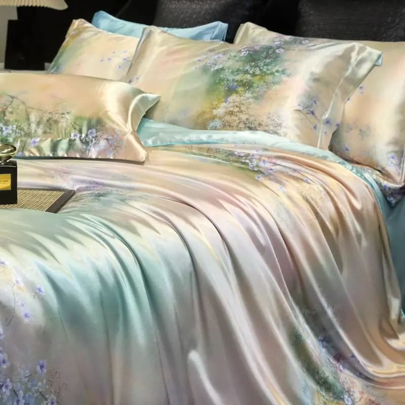 100% Natural Mulberry Silk Fitted Sheet Bedding Sets 3D Printed Satin Cooling Quilt Set for Summer Single Double Size Bed Kit