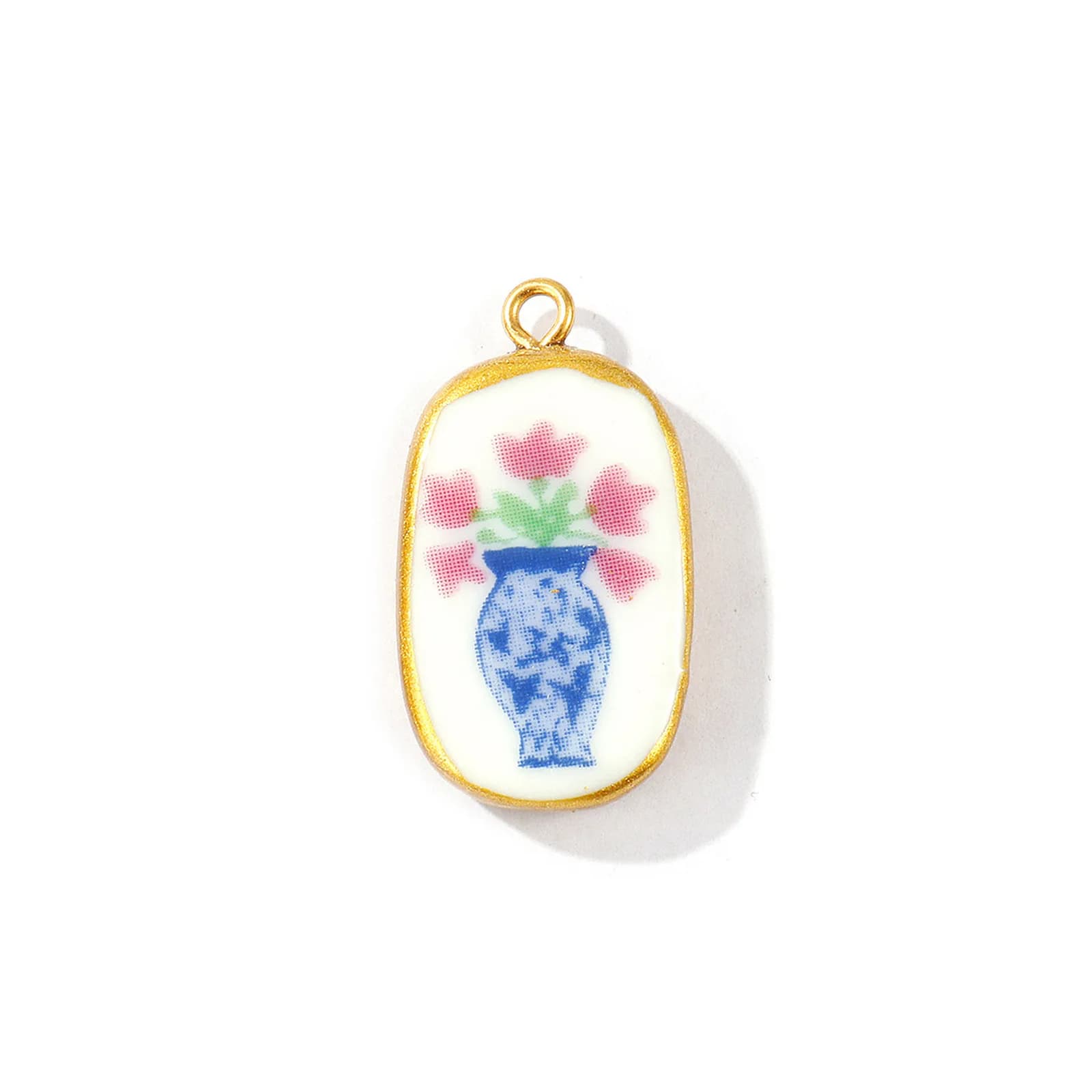 2 Pezzi Ciondoli Ovali in Ceramica Stampata con Fiori di Ciliegio, Acciaio Inossidabile 304 Placcato Oro 18K per Creazione Collane Fai-da-Te 3cm X 1.6cm