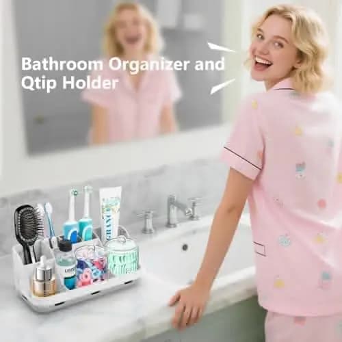 Set porta spazzolini da bagno a 7 scomparti con dispenser per bastoncini Q-tip, organizer per lavabo per bambini in marmo grigio – Accessori essenziali per il bagno
