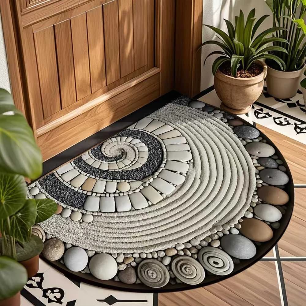 Sand Pebble Spiral Pattern Half Round Doormat & Entryway Floor Mat for Zen Natural Style Front Door Entrance Space