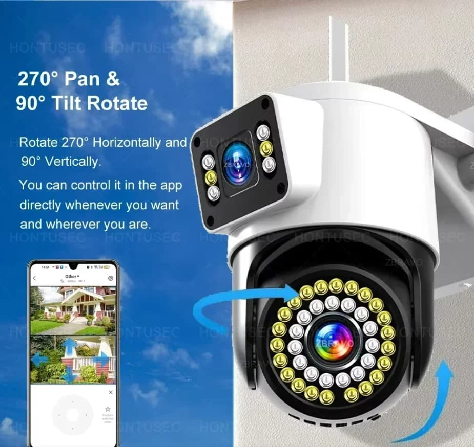 Telecamera di Sicurezza V360 Pro 4K 8MP a Doppia Lente, Impermeabile per Esterni, WiFi, Doppio Schermo, Visione Notturna a Colori, Audio Bidirezionale, Rilevamento del Movimento