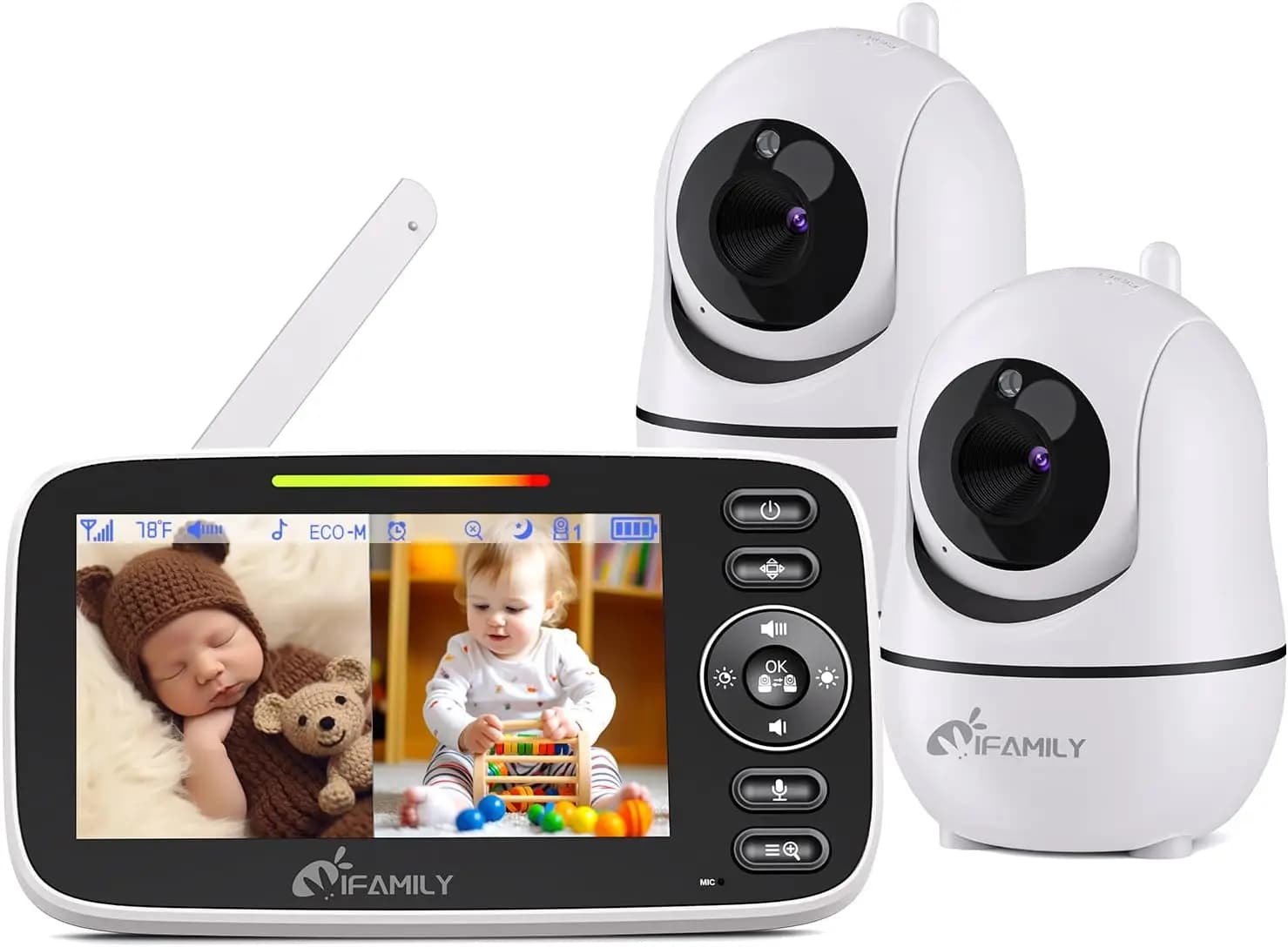 Baby Monitor con Schermo Diviso e 2 Telecamere, Audio, Visione Notturna, Sensore di Temperatura e Ninna Nanna per Monitoraggio a Lungo Raggio