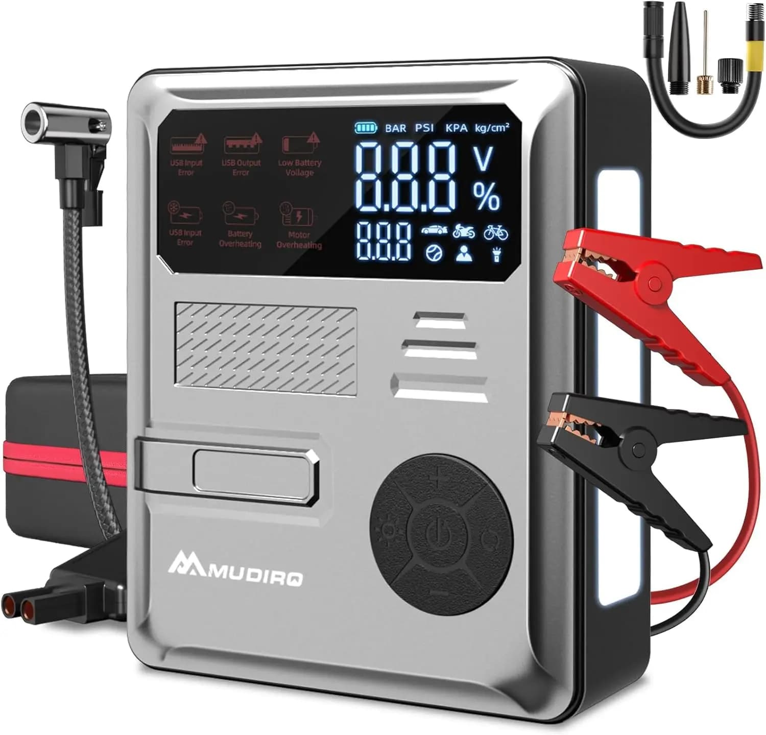 Avviatore di emergenza da 6000 A con compressore d'aria, 150 PSI, caricabatteria da auto portatile da 12 V, luce LED, compatto e potente