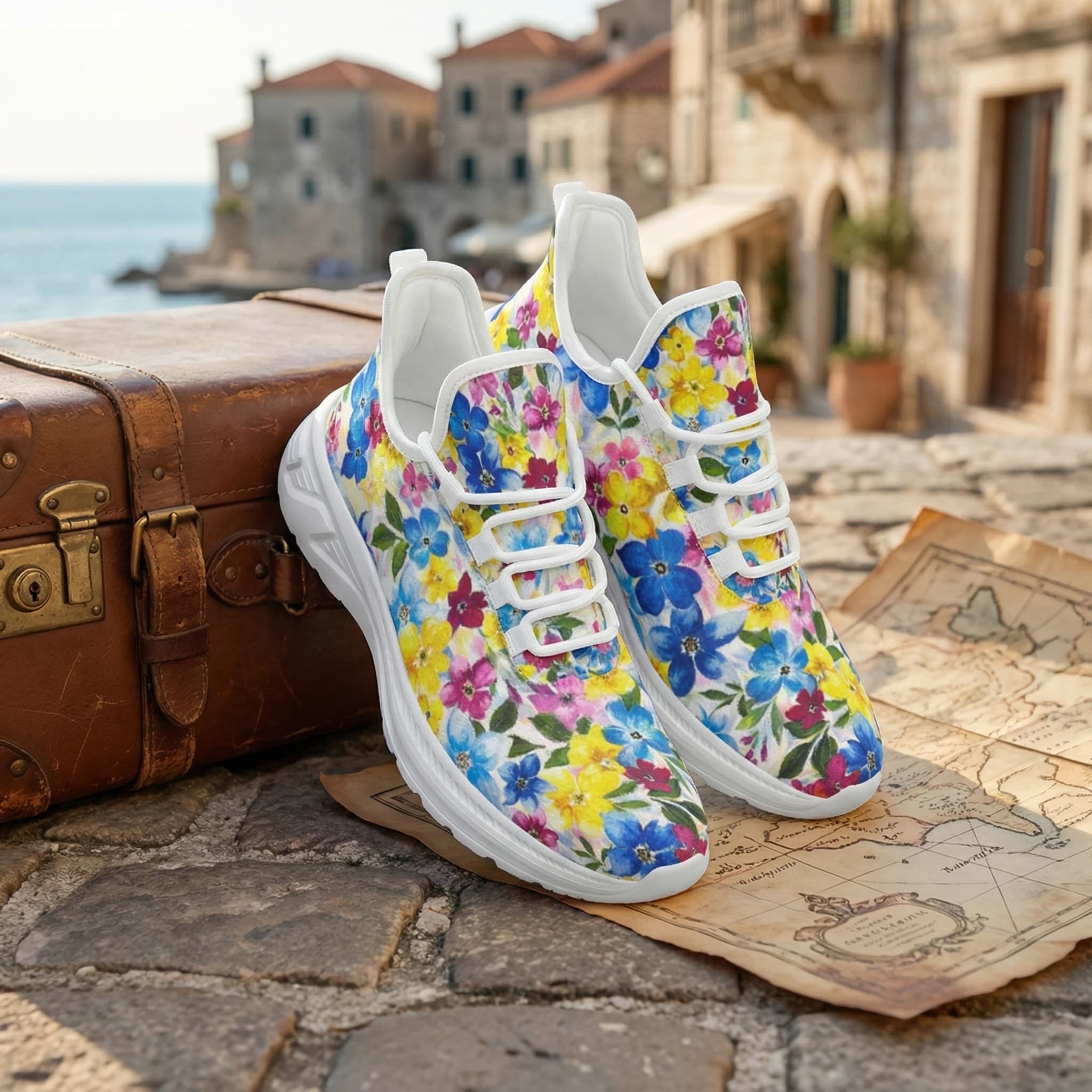 Scarpe da ginnastica casual con stampa floreale in stile acquerello, design elegante, scarpe da corsa basse comode e traspiranti.