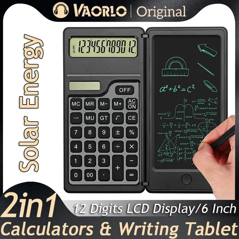 Calcolatrice a energia solare pieghevole 2 IN 1 Display LCD a 12 cifre Desktop con penna per tablet da scrittura da 6 pollici per ufficio, scuola aziendale