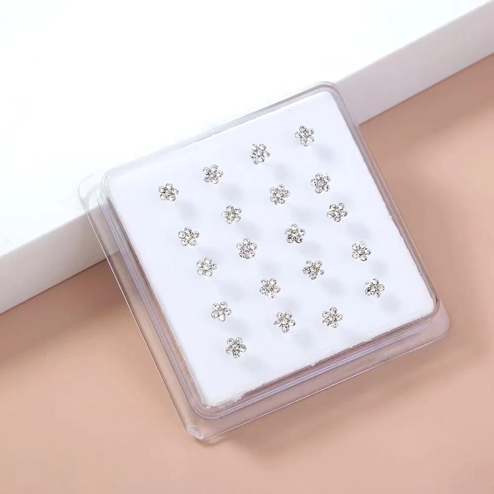 20Pcs/Box Body Nose Piercing Jewelry Nose Rings Silver Needle for Women Colored Crystal Flower Nose Jewelry Wholesale