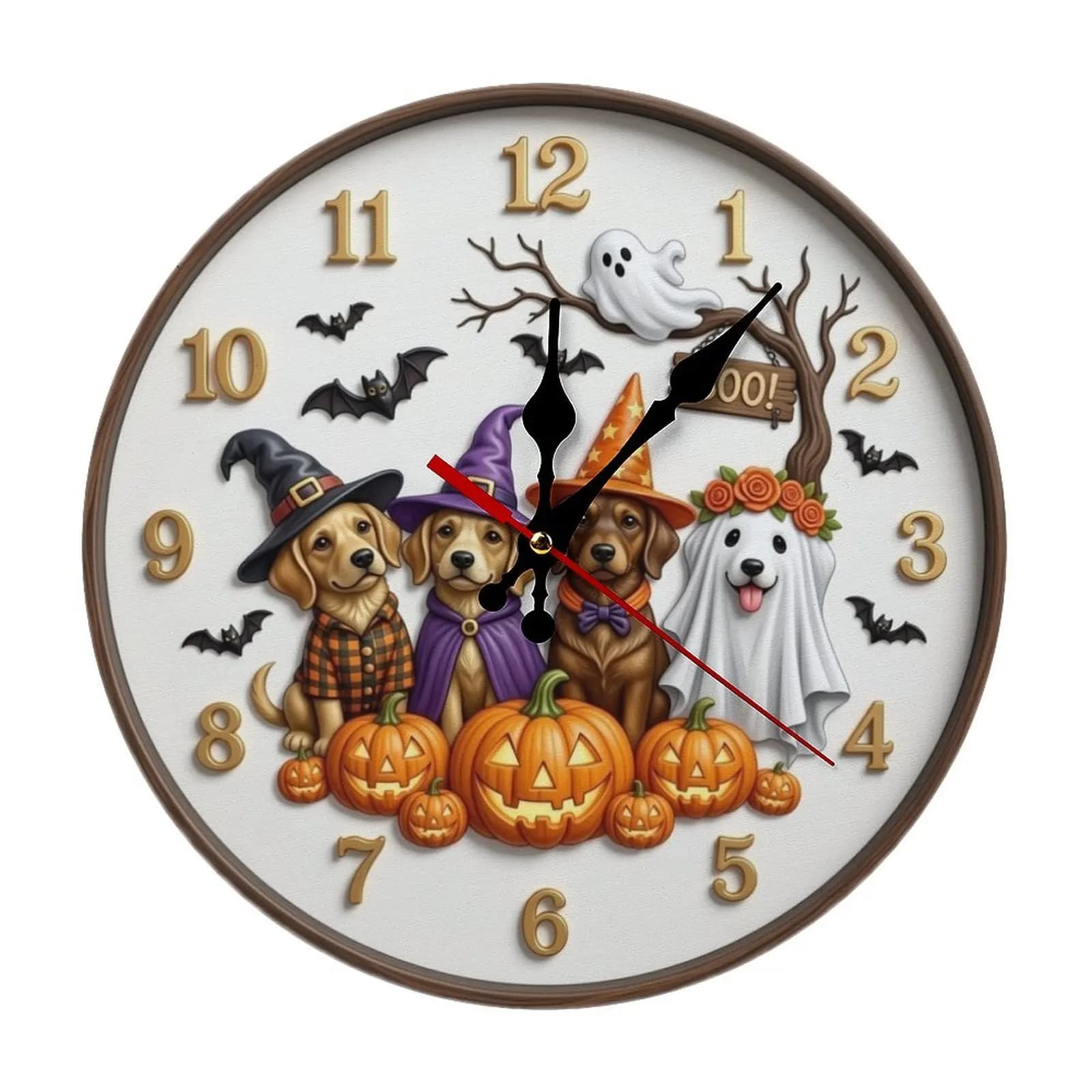2D flat decoration simulates the wind, rustic wood, Halloween dog witch costume with pumpkin and ghost wall clock, suitable for living room and children's bedroom, seasonal home decoration and housewarming gifts
