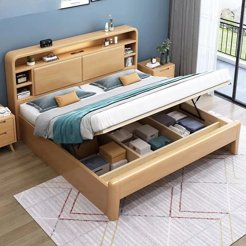 New Arrival Solid Wood Bed with Storage Hard Headboard Wholesale Price Custom Walnut Luxury Box Spring Double Bed for Adults