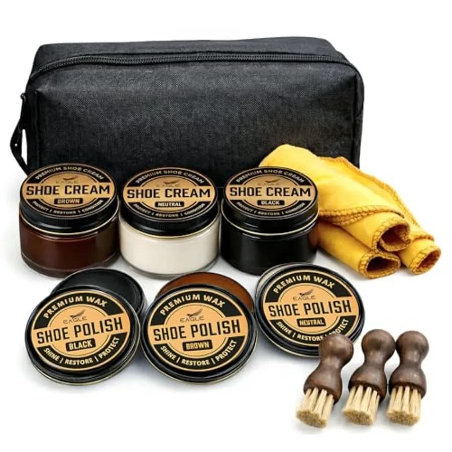 Kit Lucidatura Scarpe Eagle 13 Pezzi Nero, Marrone e Neutro con Cera per Scarpe e Crema per Stivali, Pennelli Applicatori e Panni Lucidanti per Pelle
