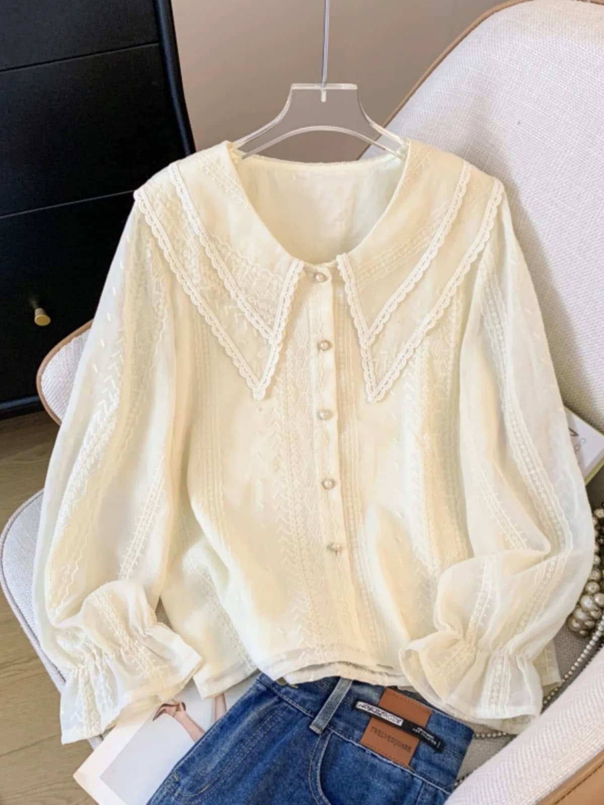 Ruffle Collar Long Sleeve Lace Shirt Women's plus Size Autumn New Style Korean Loose Fit Fashion Small Top Flared Sleeve Blouse