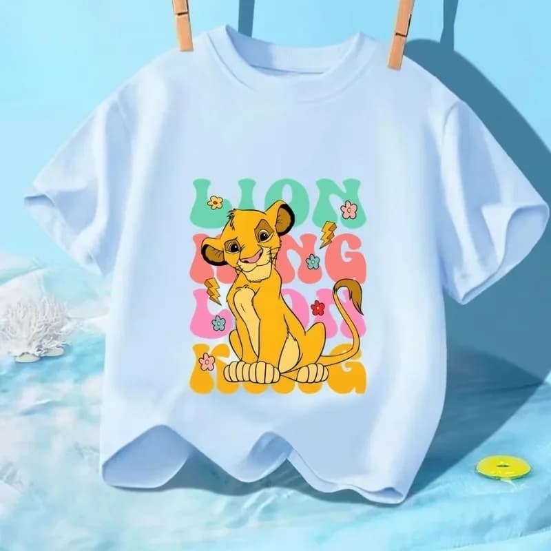 T-shirt Disney Summer "The Lion King" Simba stampata per ragazzi, 100% cotone, abbigliamento per bambine, 2-14 anni, t-shirt a maniche corte