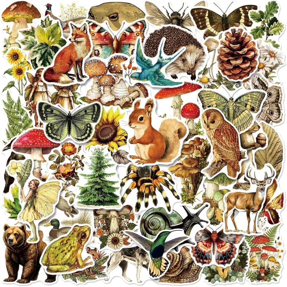 50 Pcs Vintage Forest Stickers, Waterproof Vinyl Decals for Laptop, Skateboard, Luggage - Woodland Creatures & Plant Gift