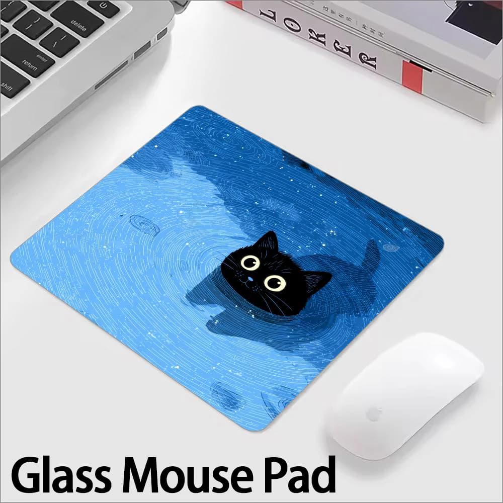 Glass Mouse Mat with Black Cat, Keyboard Liscia Surface, Improved E-sports Game Mat, Customizable Accessories