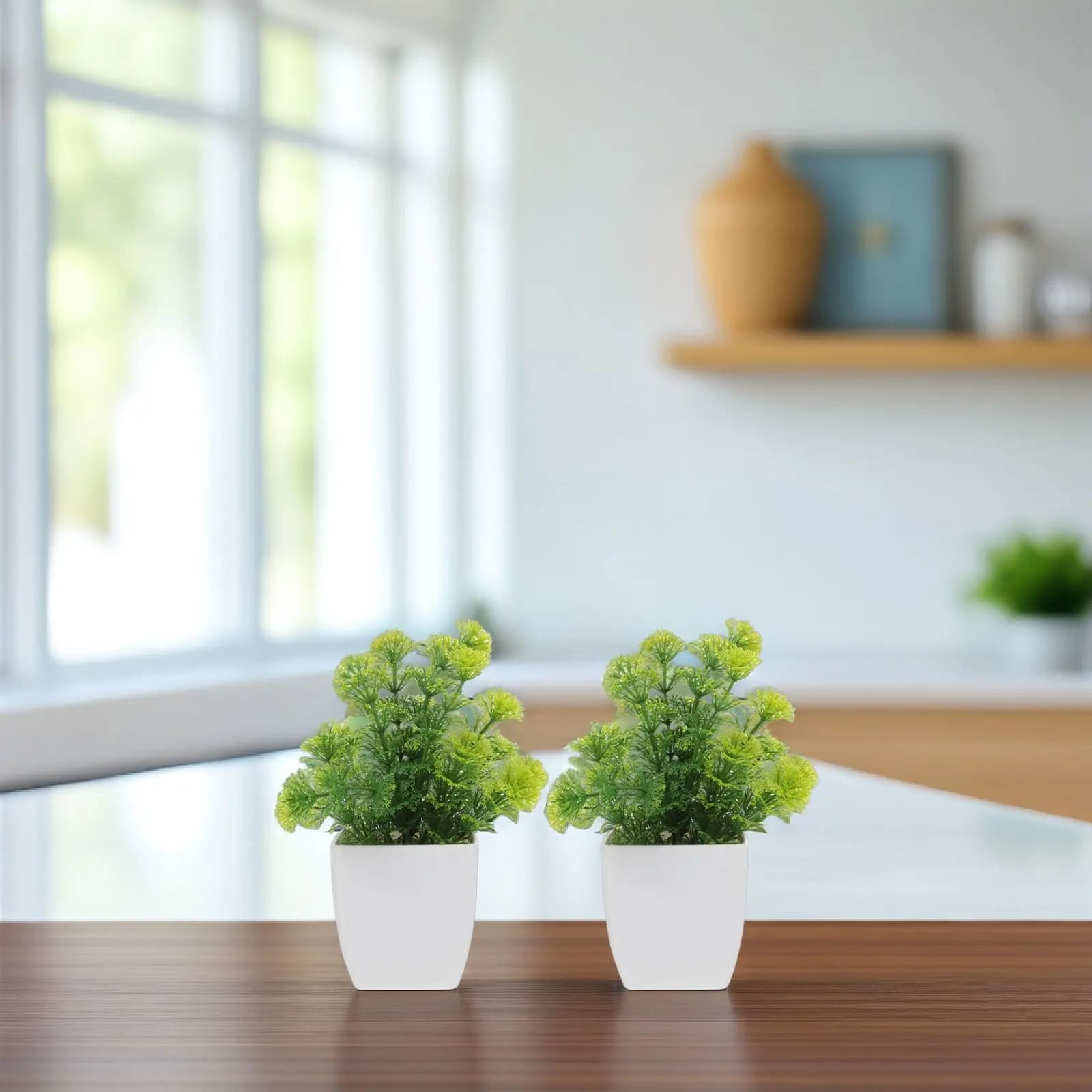 2 Pieces of Premium Artificial Bonsai, Small Fin Plants for Home Decoration, Desk, Shelves, Bench, Green Interior Decoration, Mini Vase Plants