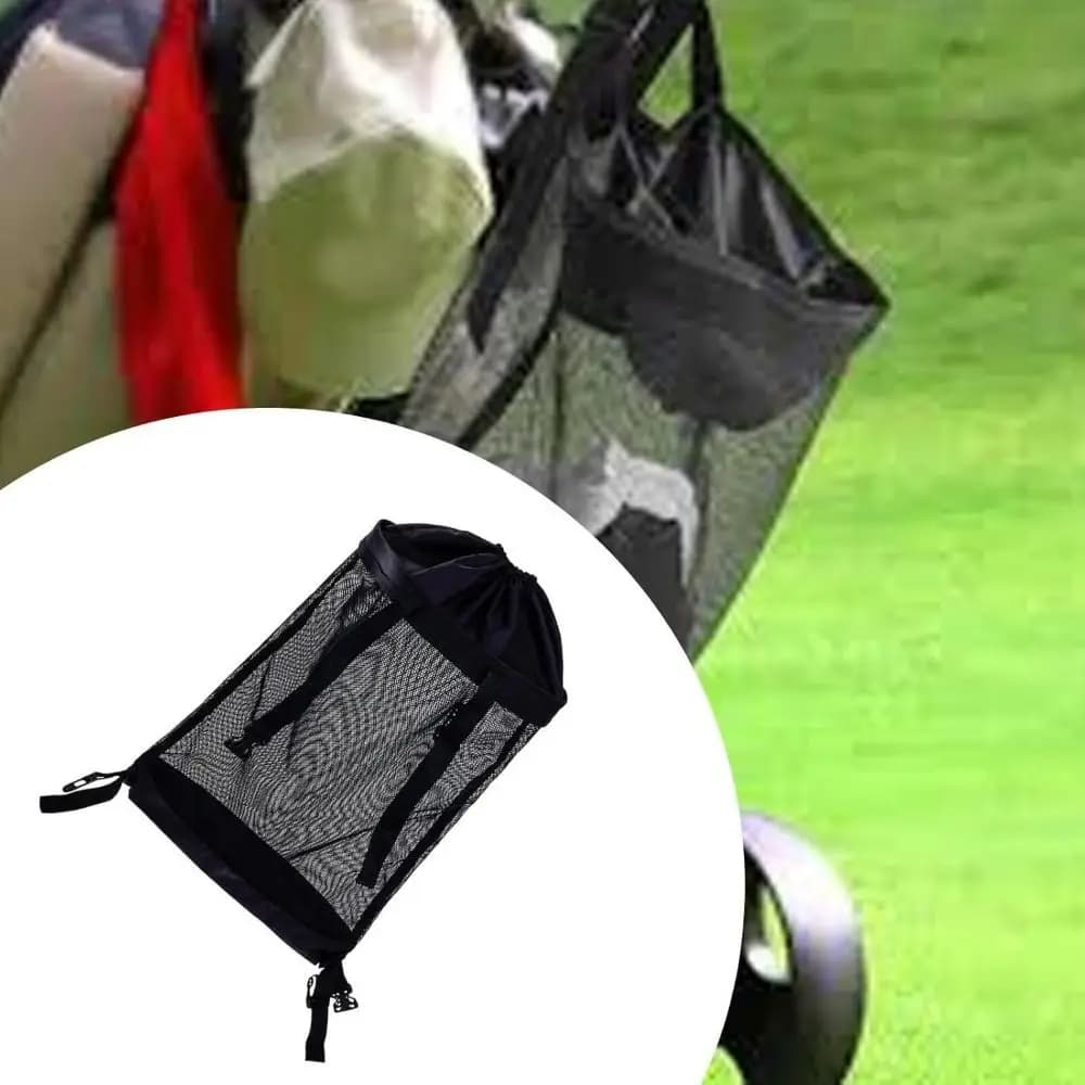 Borsa a rete per carrello da golf, graziosa e pratica, in nylon, con coulisse, resistente, nera, contenitore per palline da golf, per palestra e sport