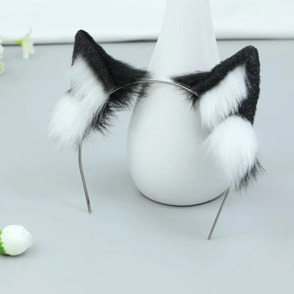 Fascia per capelli 20 cm Peluche Copricapo per bambola Orecchio Nero Bianco Gatto Orecchie di lupo Idol Copricapo per bambola Orecchio di gatto Code Copricapo morbido per bambola di cotone