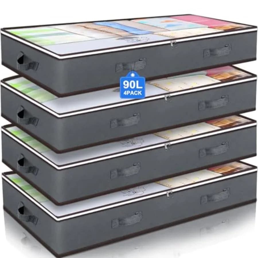 90L storage containers under the bed, organizer for cabinets and folding containers under the bed for sheets, blankets and clothing.