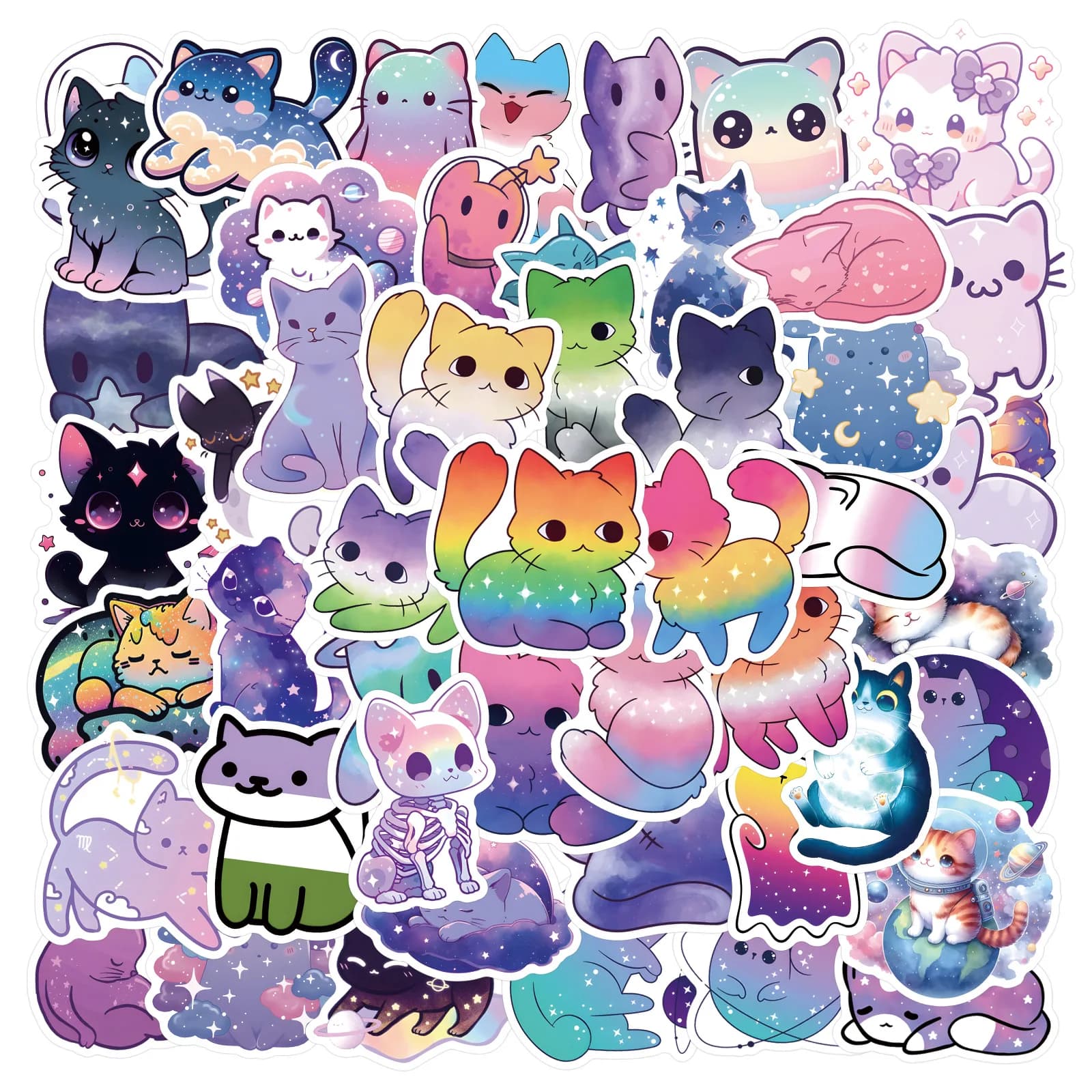 55 adesivi colorati con gatti del fumetto Cielo Stellato, simpatici adesivi decorativi fai da te per cancelleria, bagagli, telefono, skateboard, giocattoli per bambini