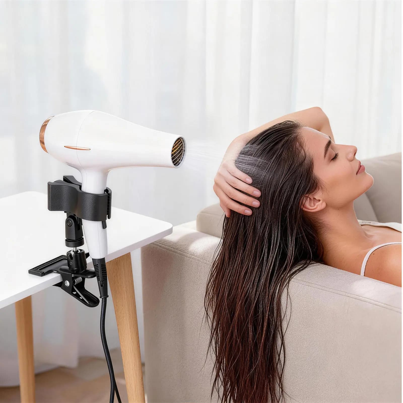 Adjustable Hair Dryer Holder Clamp Hairdryer Organizer Rack Stand Hands Free Bathroom Blow Black Mount